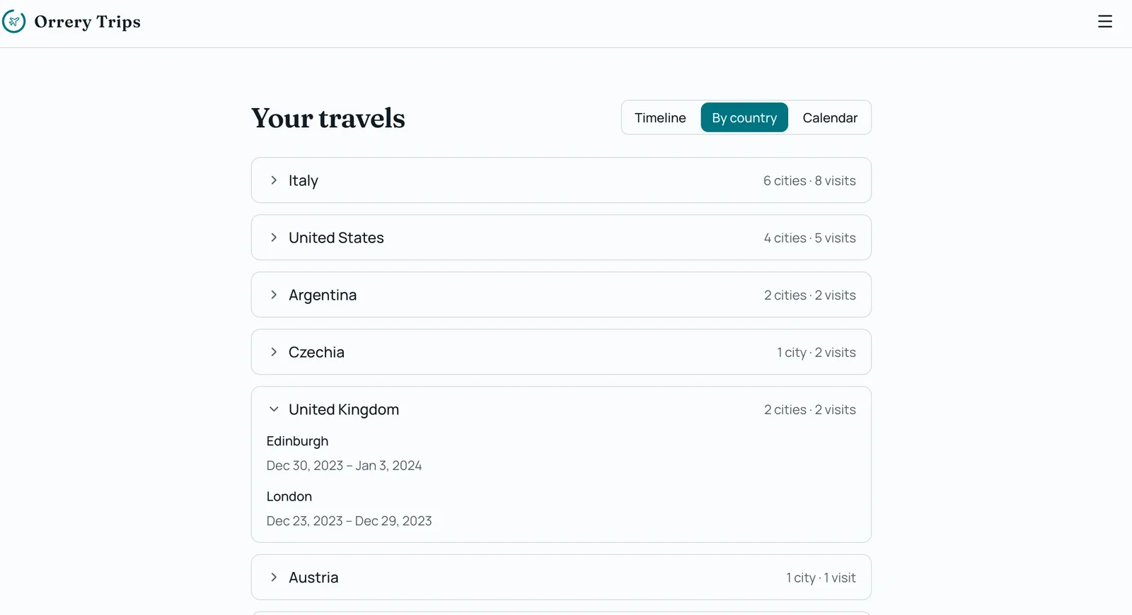 A preview of your travel map inside Orrery Trips (6 of 7)
