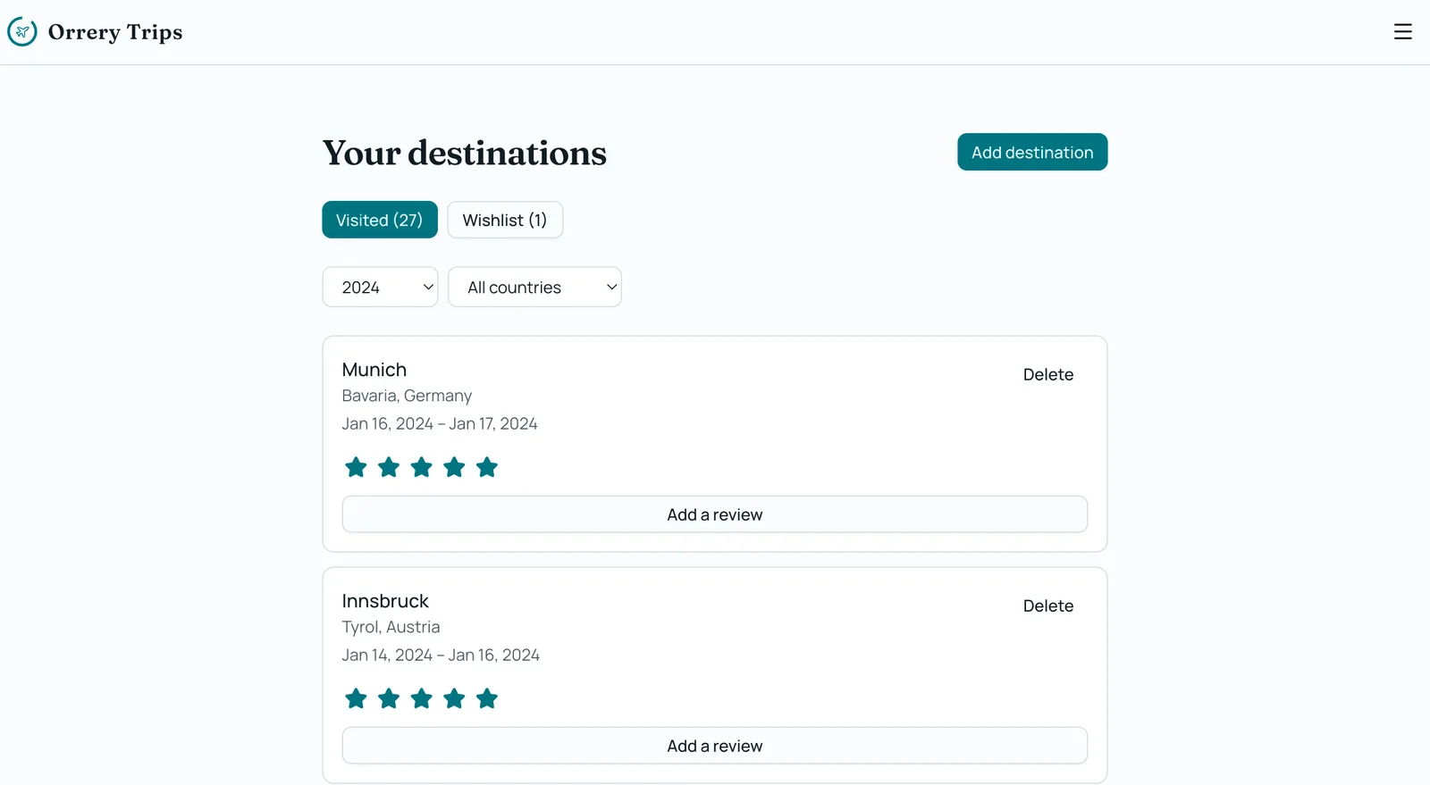 A preview of your travel map inside Orrery Trips (3 of 7)