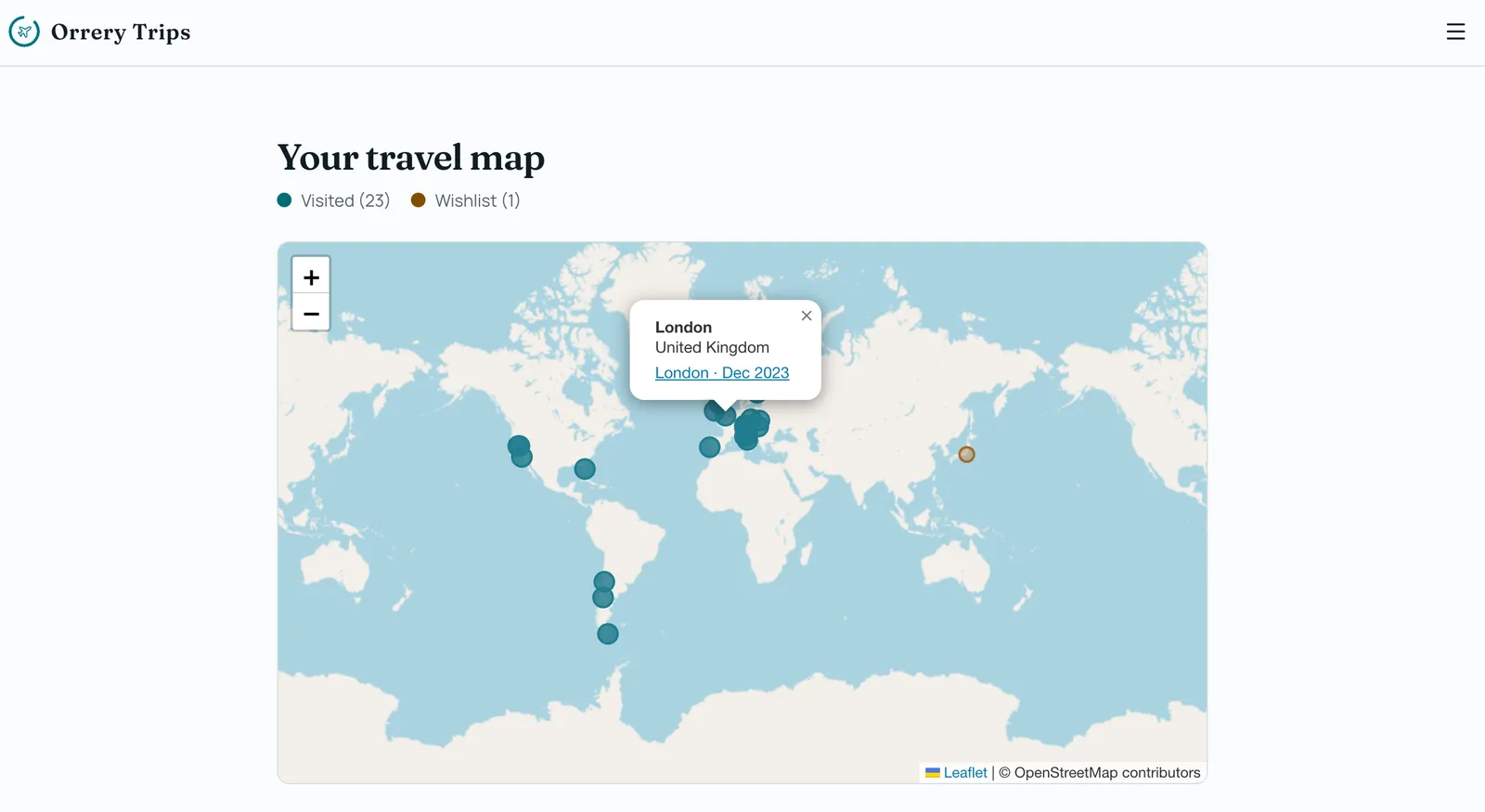 A preview of your travel map inside Orrery Trips (1 of 7)